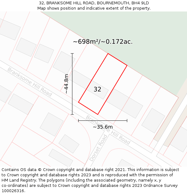 32, BRANKSOME HILL ROAD, BOURNEMOUTH, BH4 9LD: Plot and title map