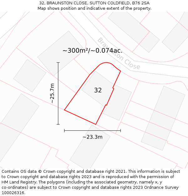 32, BRAUNSTON CLOSE, SUTTON COLDFIELD, B76 2SA: Plot and title map