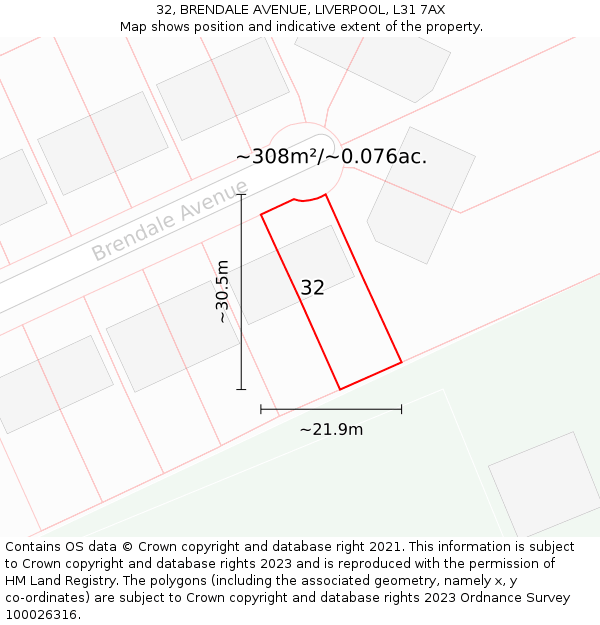 32, BRENDALE AVENUE, LIVERPOOL, L31 7AX: Plot and title map