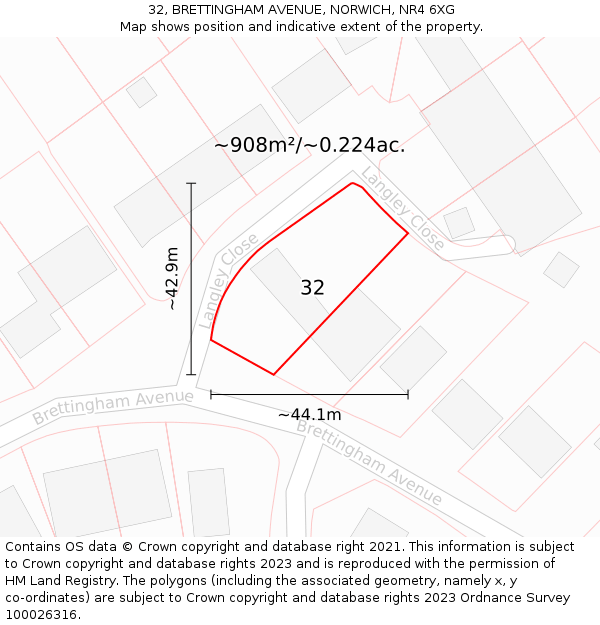 32, BRETTINGHAM AVENUE, NORWICH, NR4 6XG: Plot and title map