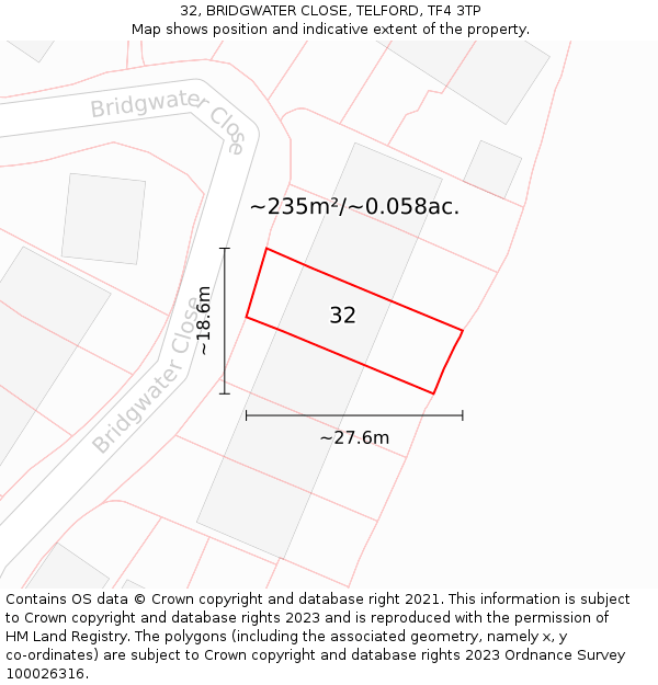 32, BRIDGWATER CLOSE, TELFORD, TF4 3TP: Plot and title map