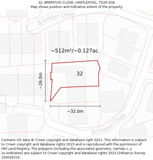 32, BRIMSTON CLOSE, HARTLEPOOL, TS26 0QA: Plot and title map