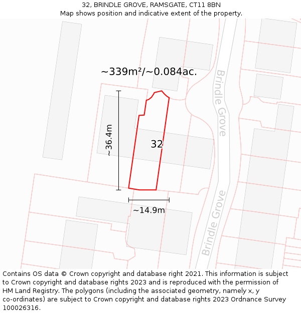 32, BRINDLE GROVE, RAMSGATE, CT11 8BN: Plot and title map