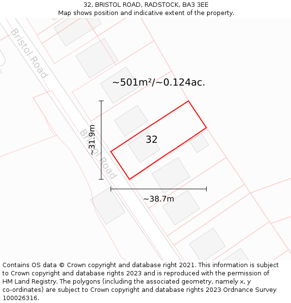 32, BRISTOL ROAD, RADSTOCK, BA3 3EE: Plot and title map