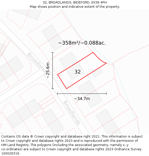 32, BROADLANDS, BIDEFORD, EX39 4PH: Plot and title map