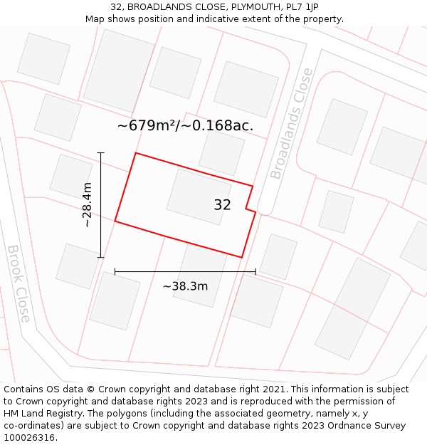 32, BROADLANDS CLOSE, PLYMOUTH, PL7 1JP: Plot and title map