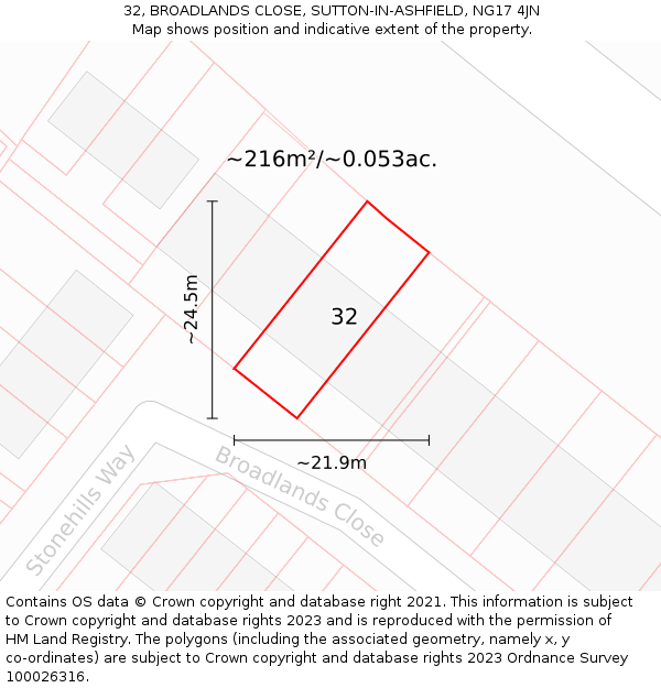 32, BROADLANDS CLOSE, SUTTON-IN-ASHFIELD, NG17 4JN: Plot and title map