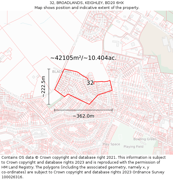 32, BROADLANDS, KEIGHLEY, BD20 6HX: Plot and title map