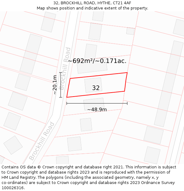 32, BROCKHILL ROAD, HYTHE, CT21 4AF: Plot and title map