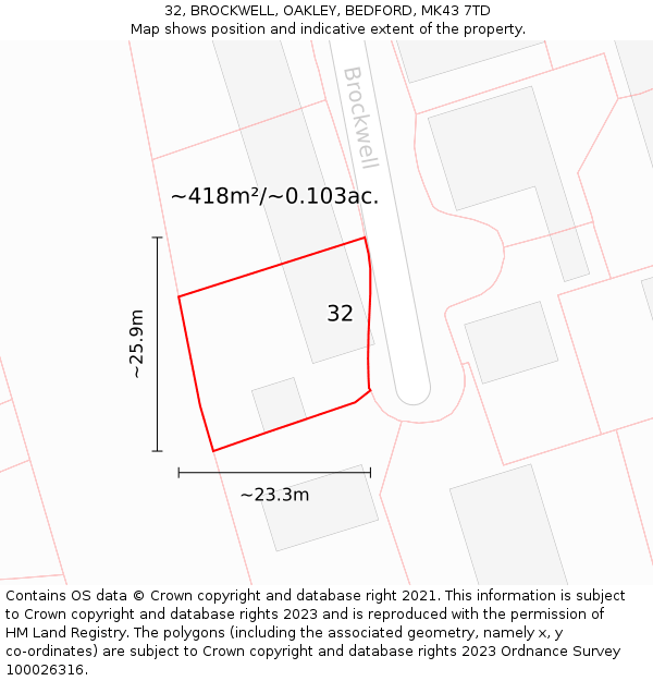 32, BROCKWELL, OAKLEY, BEDFORD, MK43 7TD: Plot and title map