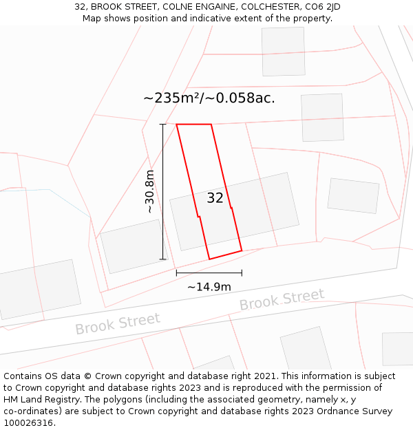 32, BROOK STREET, COLNE ENGAINE, COLCHESTER, CO6 2JD: Plot and title map