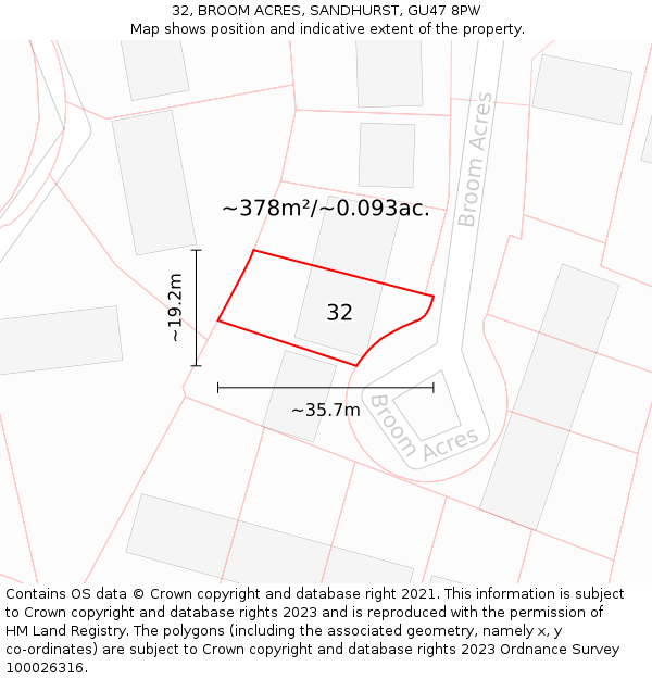 32, BROOM ACRES, SANDHURST, GU47 8PW: Plot and title map