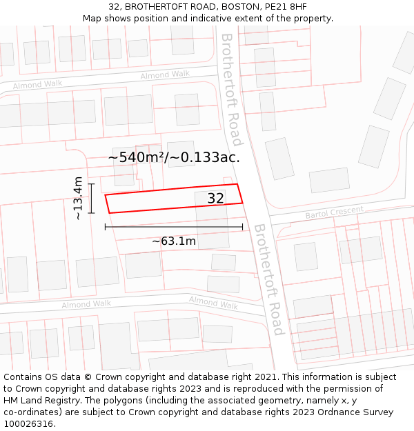 32, BROTHERTOFT ROAD, BOSTON, PE21 8HF: Plot and title map