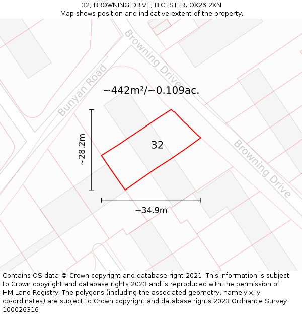 32, BROWNING DRIVE, BICESTER, OX26 2XN: Plot and title map