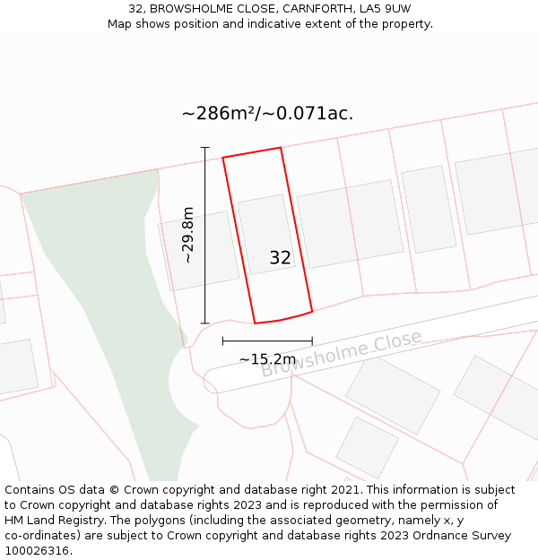 32, BROWSHOLME CLOSE, CARNFORTH, LA5 9UW: Plot and title map