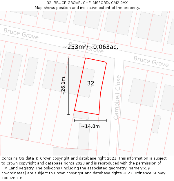 32, BRUCE GROVE, CHELMSFORD, CM2 9AX: Plot and title map