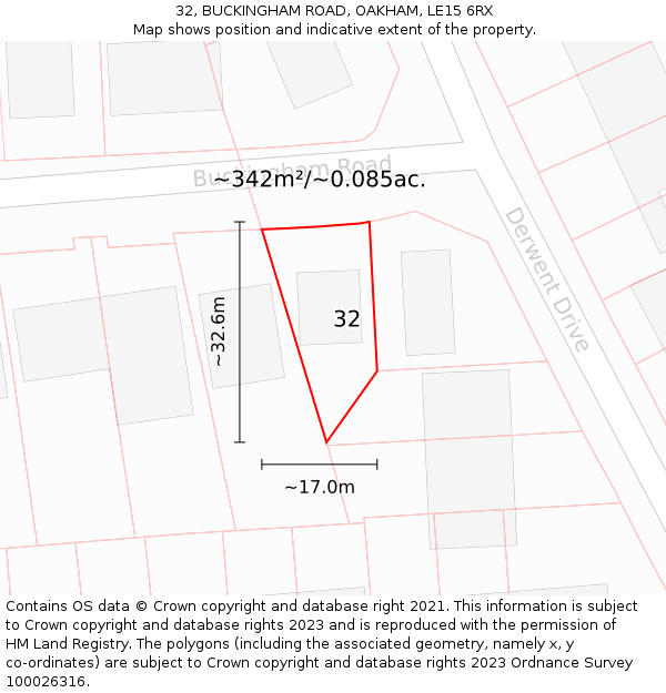 32, BUCKINGHAM ROAD, OAKHAM, LE15 6RX: Plot and title map