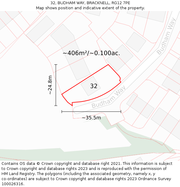 32, BUDHAM WAY, BRACKNELL, RG12 7PE: Plot and title map