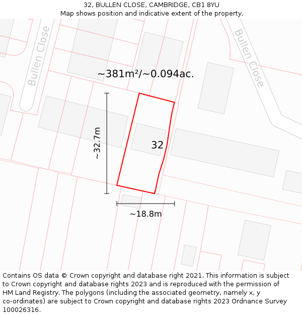 32, BULLEN CLOSE, CAMBRIDGE, CB1 8YU: Plot and title map