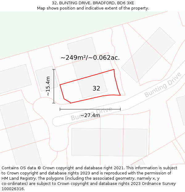 32, BUNTING DRIVE, BRADFORD, BD6 3XE: Plot and title map