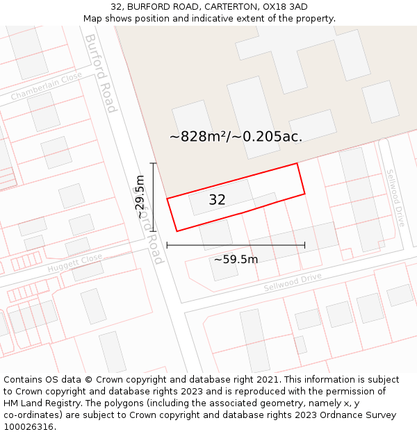 32, BURFORD ROAD, CARTERTON, OX18 3AD: Plot and title map