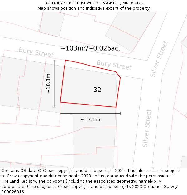 32, BURY STREET, NEWPORT PAGNELL, MK16 0DU: Plot and title map