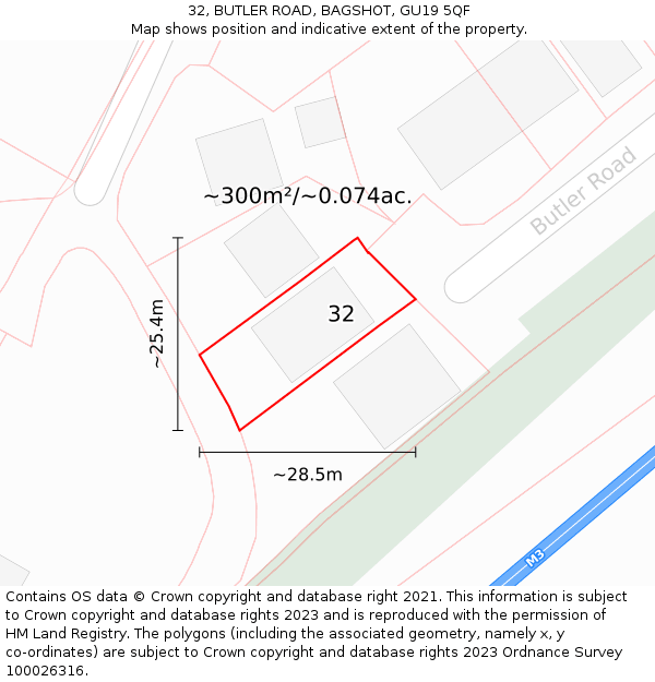 32, BUTLER ROAD, BAGSHOT, GU19 5QF: Plot and title map