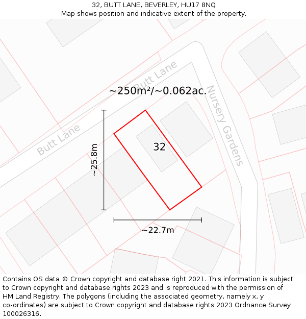 32, BUTT LANE, BEVERLEY, HU17 8NQ: Plot and title map