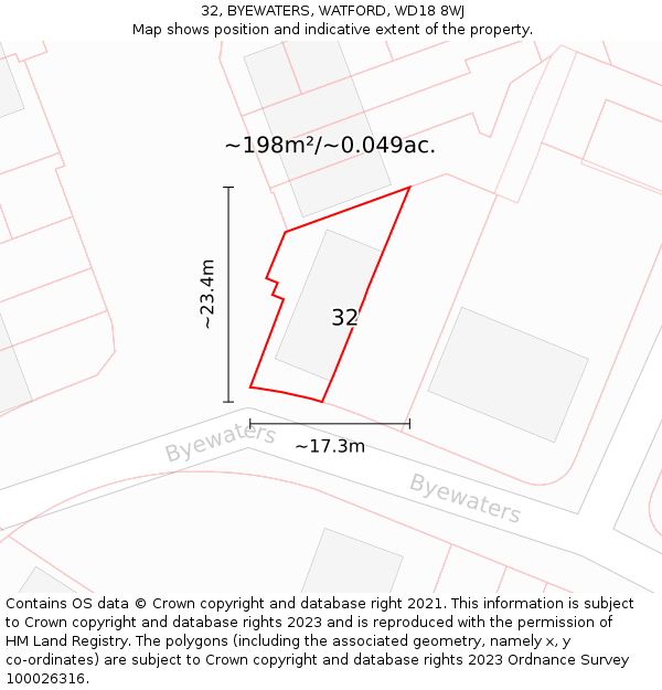 32, BYEWATERS, WATFORD, WD18 8WJ: Plot and title map
