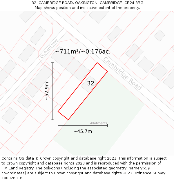 32, CAMBRIDGE ROAD, OAKINGTON, CAMBRIDGE, CB24 3BG: Plot and title map