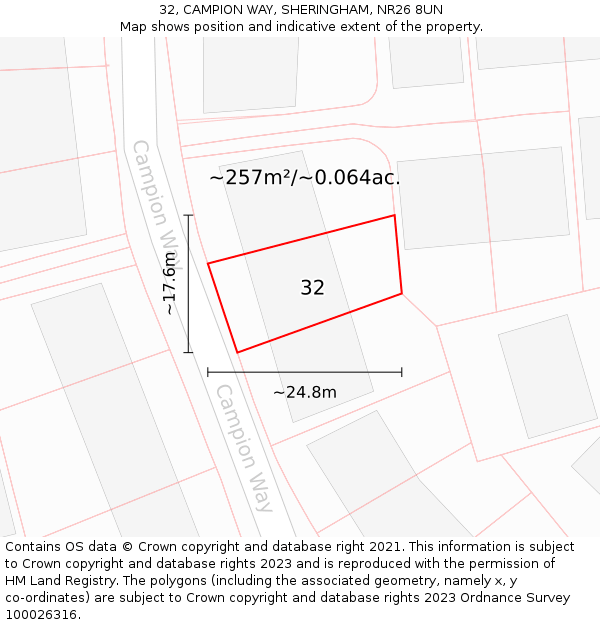 32, CAMPION WAY, SHERINGHAM, NR26 8UN: Plot and title map