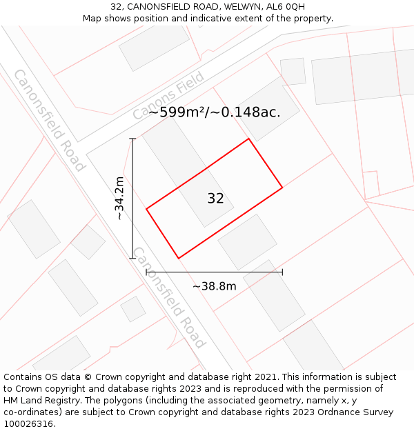 32, CANONSFIELD ROAD, WELWYN, AL6 0QH: Plot and title map