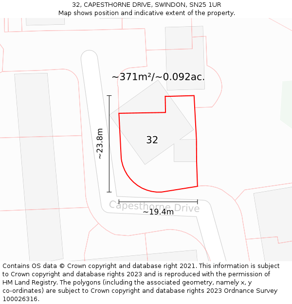 32, CAPESTHORNE DRIVE, SWINDON, SN25 1UR: Plot and title map