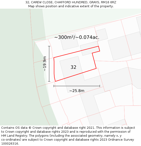 32, CAREW CLOSE, CHAFFORD HUNDRED, GRAYS, RM16 6RZ: Plot and title map