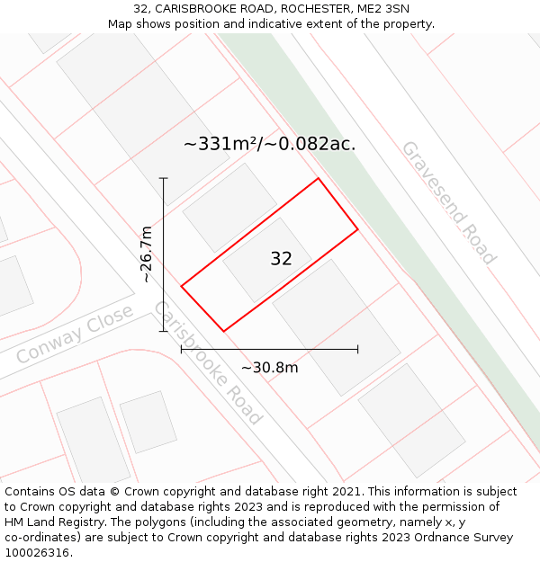 32, CARISBROOKE ROAD, ROCHESTER, ME2 3SN: Plot and title map