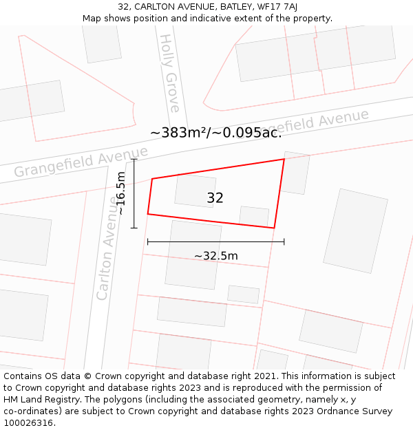 32, CARLTON AVENUE, BATLEY, WF17 7AJ: Plot and title map