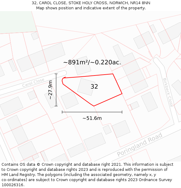 32, CAROL CLOSE, STOKE HOLY CROSS, NORWICH, NR14 8NN: Plot and title map