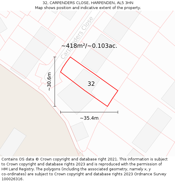 32, CARPENDERS CLOSE, HARPENDEN, AL5 3HN: Plot and title map