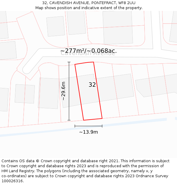 32, CAVENDISH AVENUE, PONTEFRACT, WF8 2UU: Plot and title map