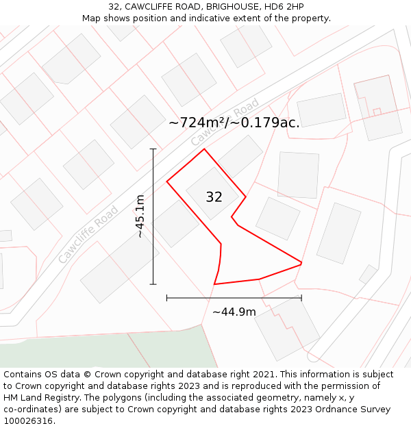 32, CAWCLIFFE ROAD, BRIGHOUSE, HD6 2HP: Plot and title map