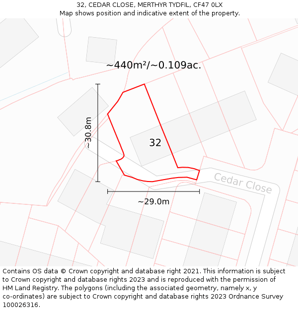 32, CEDAR CLOSE, MERTHYR TYDFIL, CF47 0LX: Plot and title map