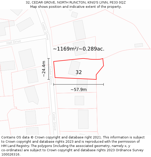 32, CEDAR GROVE, NORTH RUNCTON, KING'S LYNN, PE33 0QZ: Plot and title map