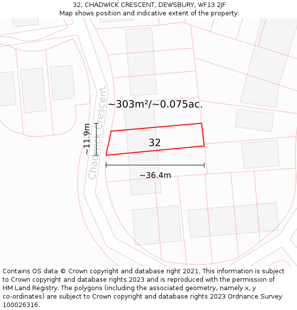 32, CHADWICK CRESCENT, DEWSBURY, WF13 2JF: Plot and title map