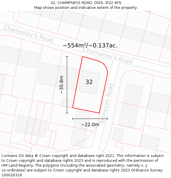 32, CHAMPNEYS ROAD, DISS, IP22 4PS: Plot and title map