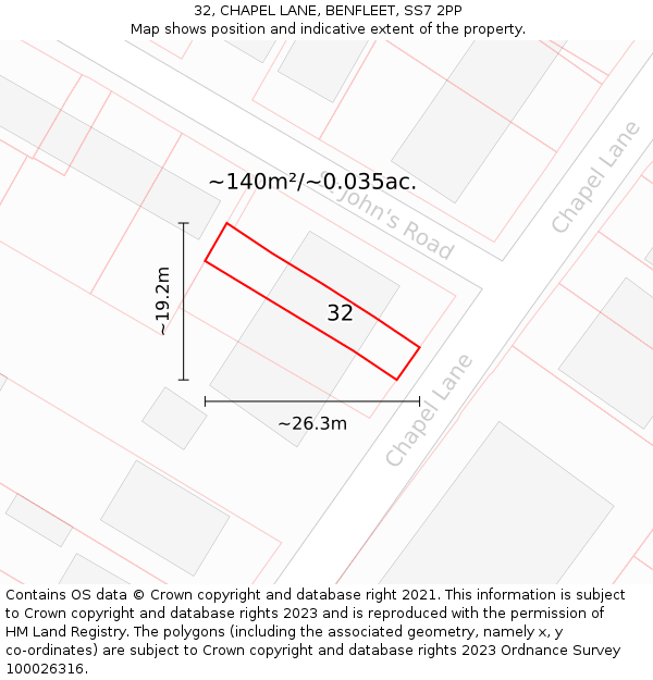 32, CHAPEL LANE, BENFLEET, SS7 2PP: Plot and title map