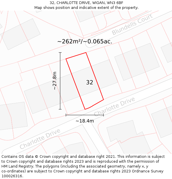 32, CHARLOTTE DRIVE, WIGAN, WN3 6BF: Plot and title map