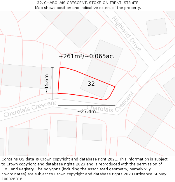 32, CHAROLAIS CRESCENT, STOKE-ON-TRENT, ST3 4TE: Plot and title map