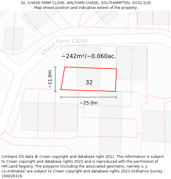 32, CHASE FARM CLOSE, WALTHAM CHASE, SOUTHAMPTON, SO32 2UD: Plot and title map