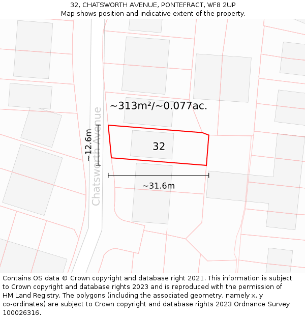 32, CHATSWORTH AVENUE, PONTEFRACT, WF8 2UP: Plot and title map