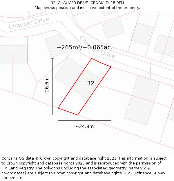 32, CHAUCER DRIVE, CROOK, DL15 9FN: Plot and title map